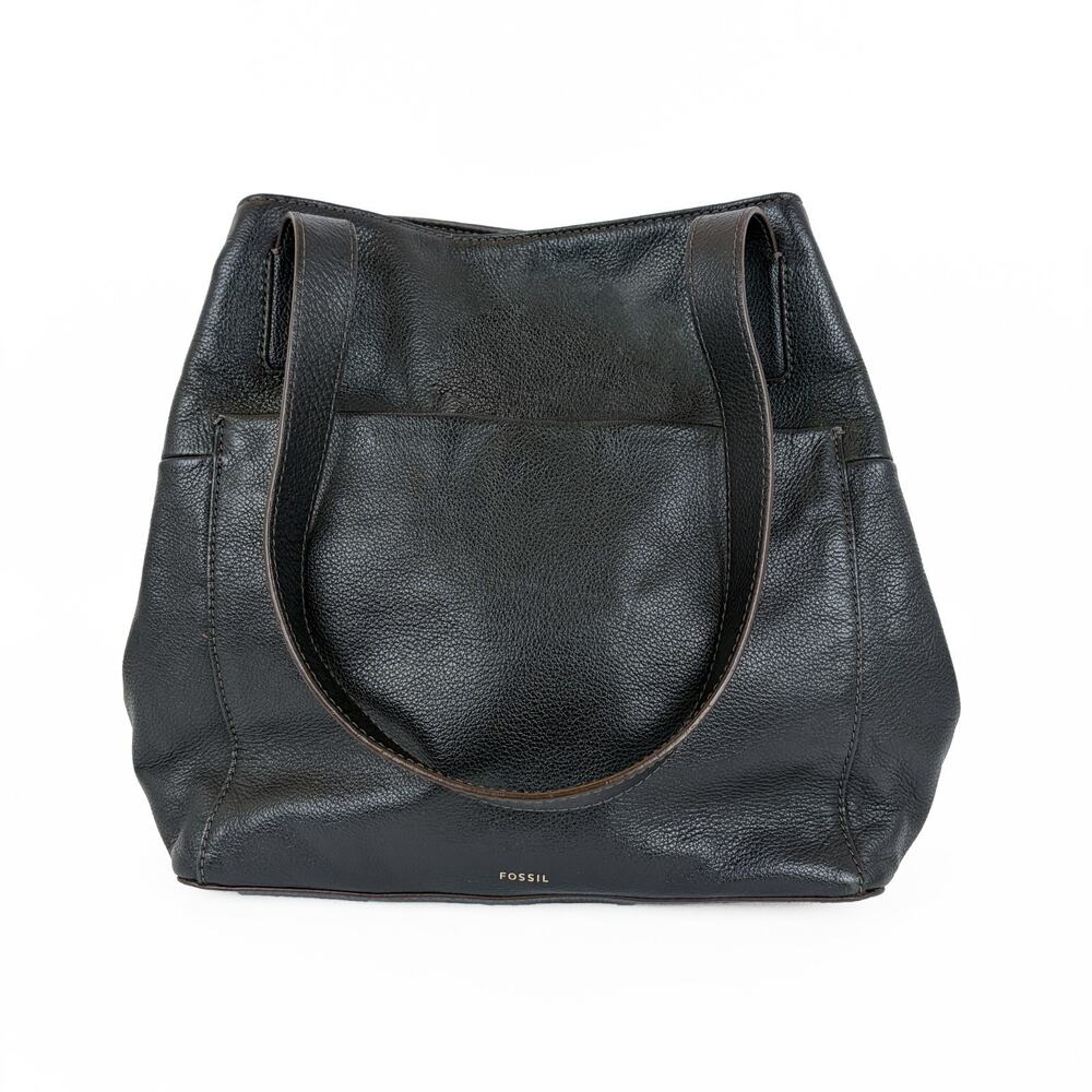 Fossil Black Pebbled Leather Tote Shoulder Bag Large Shopper Purse